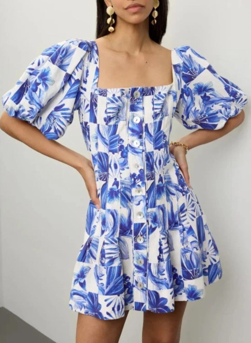 Caroline Constas White and Blue Square-Neck Puff Sleeve Mini Dress seen on RHOC